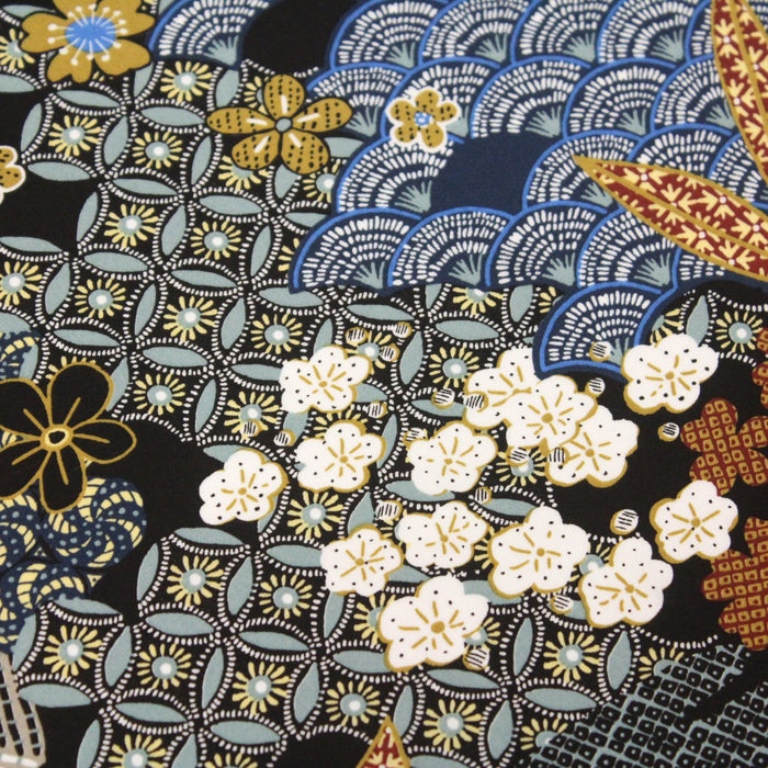 Tissu popeline de viscose motifs japonais aux tons noirs - Fabrication française - Oeko-Tex