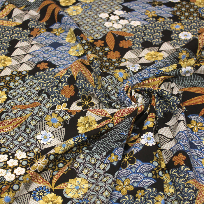 Tissu popeline de viscose motifs japonais aux tons noirs - Fabrication française - Oeko-Tex