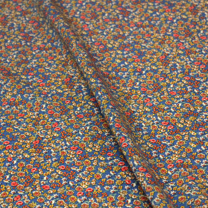 Tissu popeline de viscose bleue aux petites fleurs multicolores - Fabrication française - Oeko-Tex