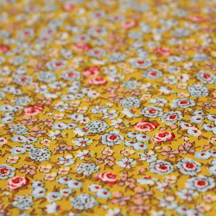 Tissu popeline de viscose jaune moutarde aux petites fleurs multicolores - Fabrication française - Oeko-Tex - tissuspapi