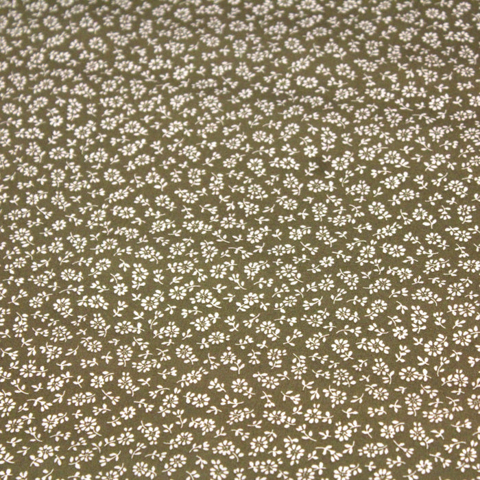 Tissu popeline de viscose vert kaki aux fines fleurs blanches - Fabrication française - Oeko-Tex