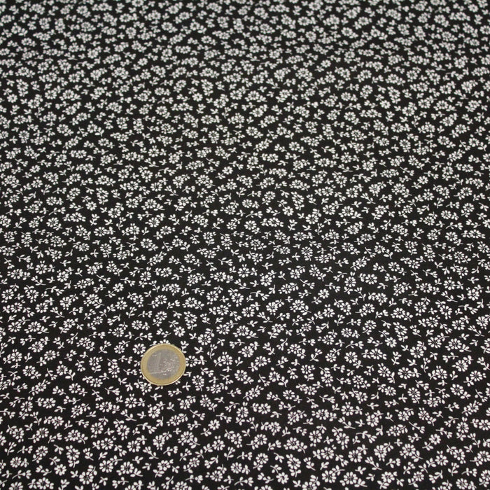 Tissu popeline de viscose noire aux fines fleurs blanches - Fabrication française - Oeko-Tex