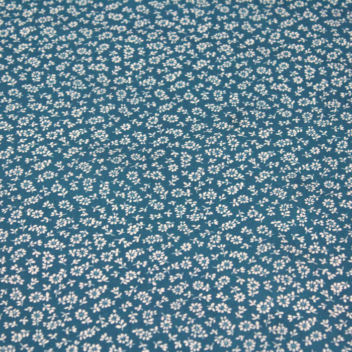 Tissu popeline de viscose bleu canard aux fines fleurs blanches - Fabrication française - Oeko-Tex