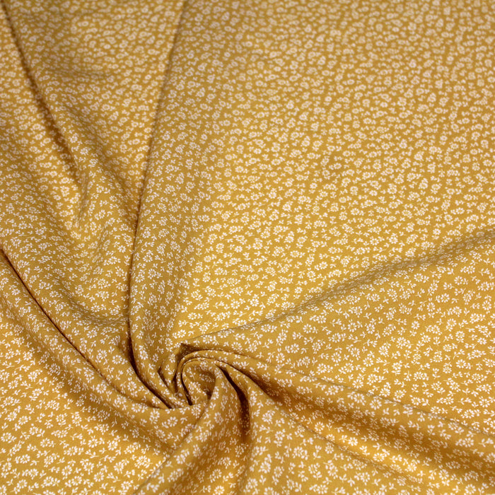 Tissu popeline de viscose jaune aux fines fleurs blanches - Fabrication française - Oeko-Tex