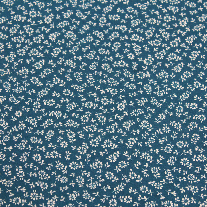 Tissu popeline de viscose bleu canard aux fines fleurs blanches - Fabrication française - Oeko-Tex