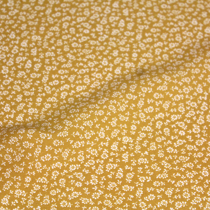 Tissu popeline de viscose jaune aux fines fleurs blanches - Fabrication française - Oeko-Tex