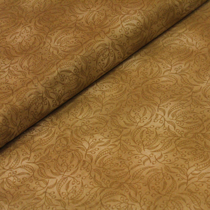 Tissu de coton faux-uni cappuccino à branches & feuilles - tissuspapi