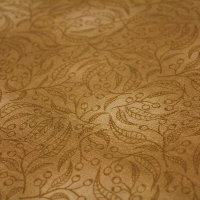 Tissu de coton faux-uni cappuccino à branches & feuilles