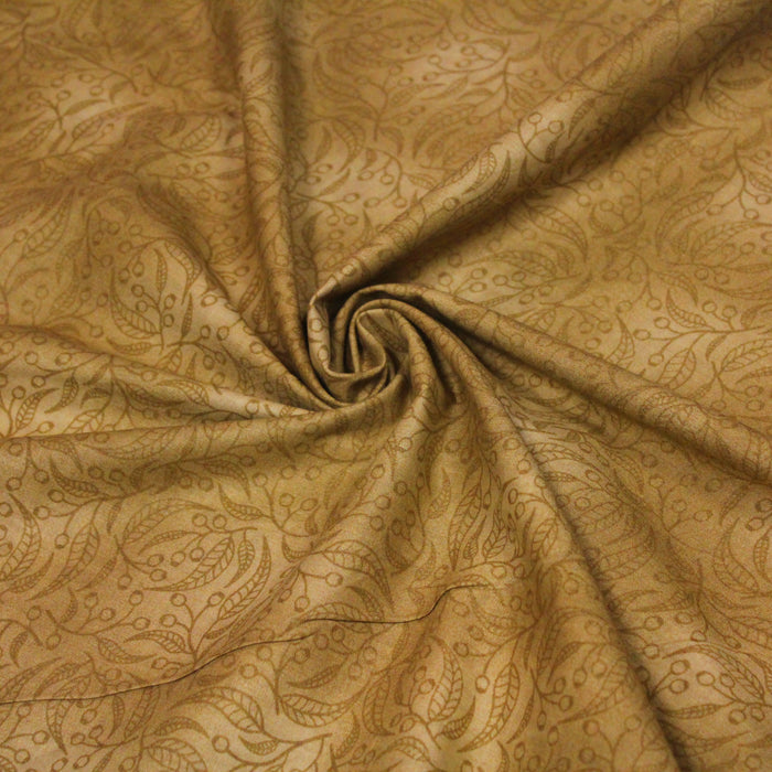Tissu de coton faux-uni cappuccino à branches & feuilles