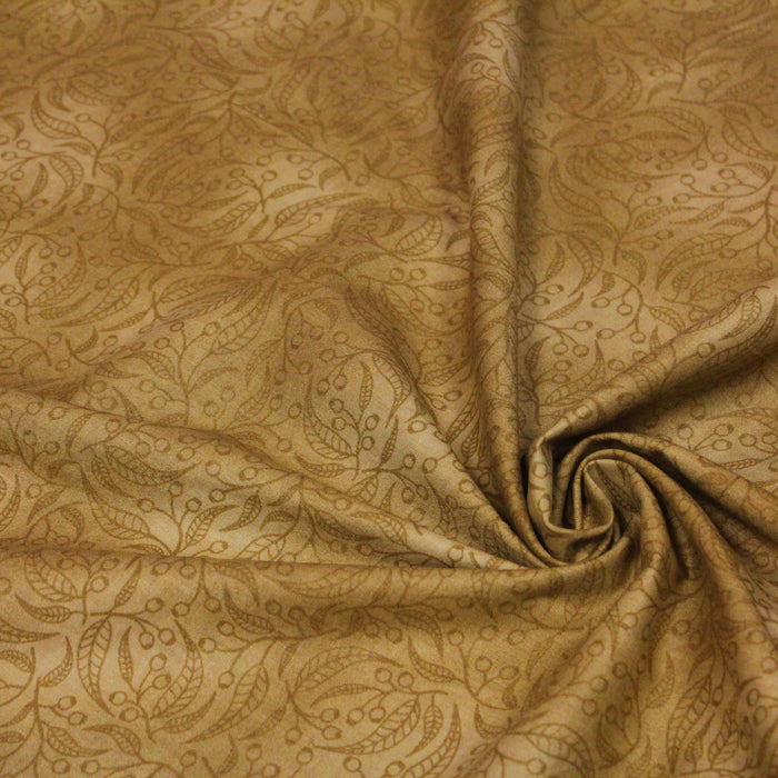 Tissu de coton faux-uni cappuccino à branches & feuilles