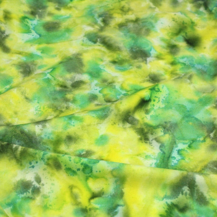Tissu de coton Batik traditionnel faux-uni vert jaune et blanc
