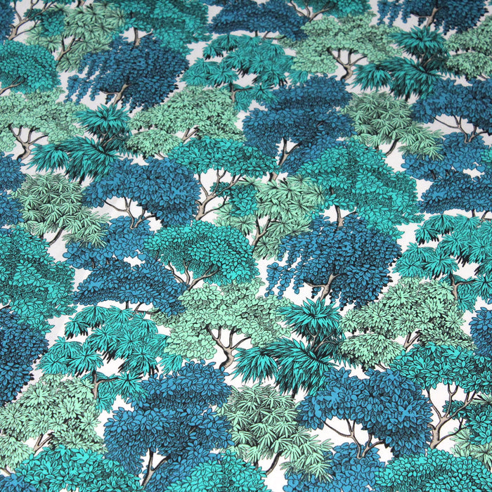 Tissu de coton FORÊT aux feuillages & feuilles, tons bleus & vert émeraude - Oeko-Tex - tissuspapi