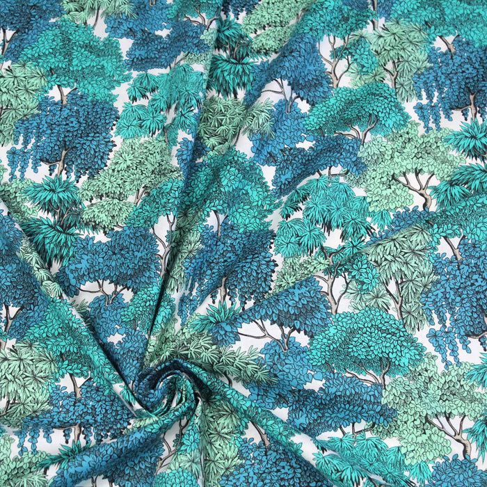 Tissu de coton FORÊT aux feuillages & feuilles, tons bleus & vert émeraude - Oeko-Tex