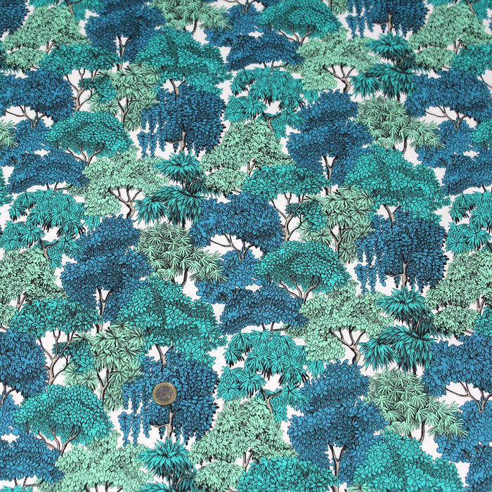 Tissu de coton FORÊT aux feuillages & feuilles, tons bleus & vert émeraude - Oeko-Tex