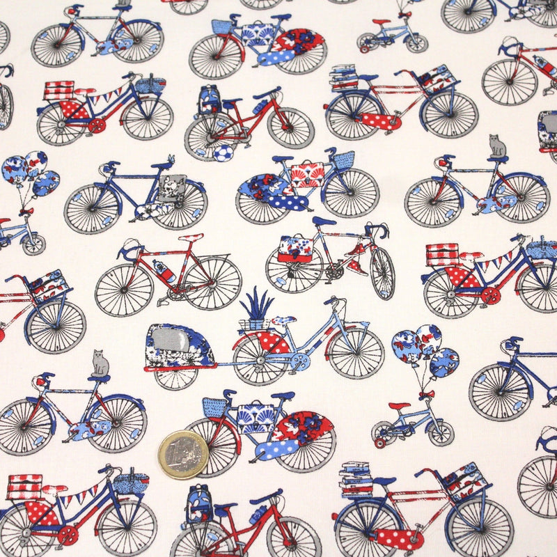 Tissu de coton aux petits vélos tricolores bleus blancs rouges, fond écru - Oeko - Tex - TissusPapi.com