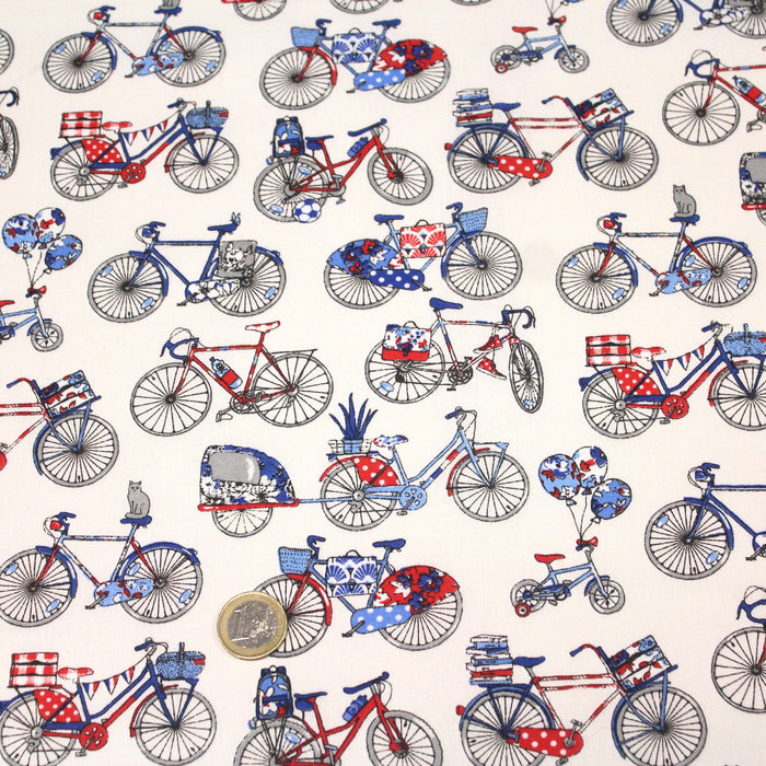 Tissu de coton aux petits vélos tricolores bleus blancs rouges, fond écru - Oeko-Tex - tissuspapi
