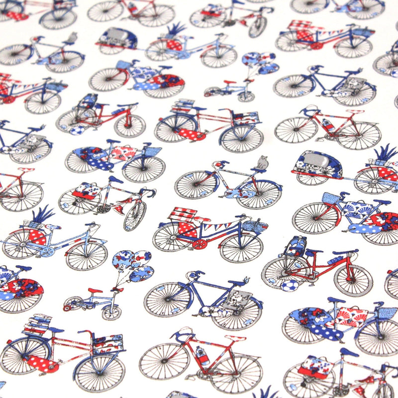 Tissu de coton aux petits vélos tricolores bleus blancs rouges, fond écru - Oeko - Tex - TissusPapi.com