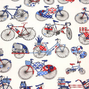 Tissu de coton aux petits vélos tricolores bleus blancs rouges, fond écru - Oeko - Tex - TissusPapi.com