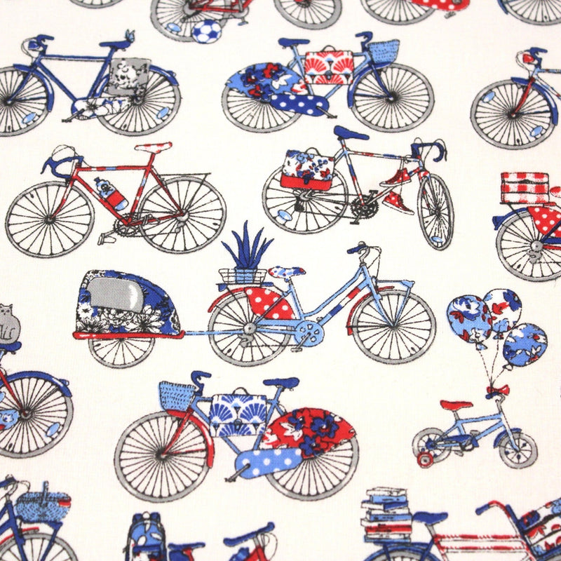 Tissu de coton aux petits vélos tricolores bleus blancs rouges, fond écru - Oeko - Tex - TissusPapi.com