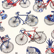 Tissu de coton aux petits vélos tricolores bleus blancs rouges, fond écru - Oeko - Tex - TissusPapi.com