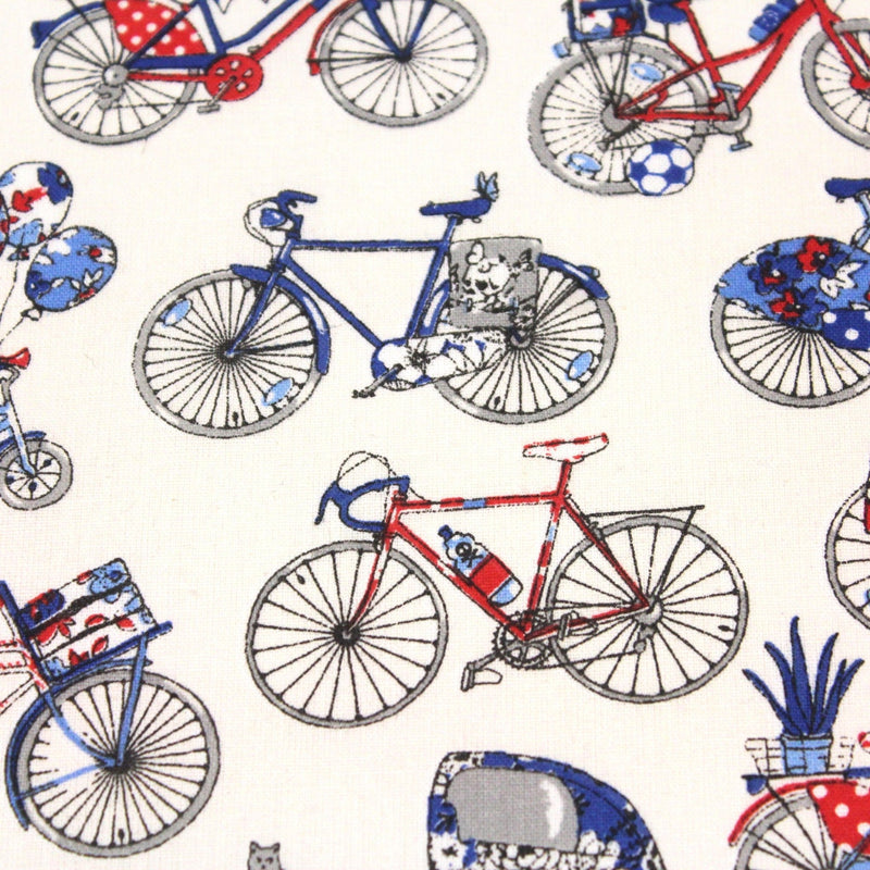 Tissu de coton aux petits vélos tricolores bleus blancs rouges, fond écru - Oeko - Tex - TissusPapi.com