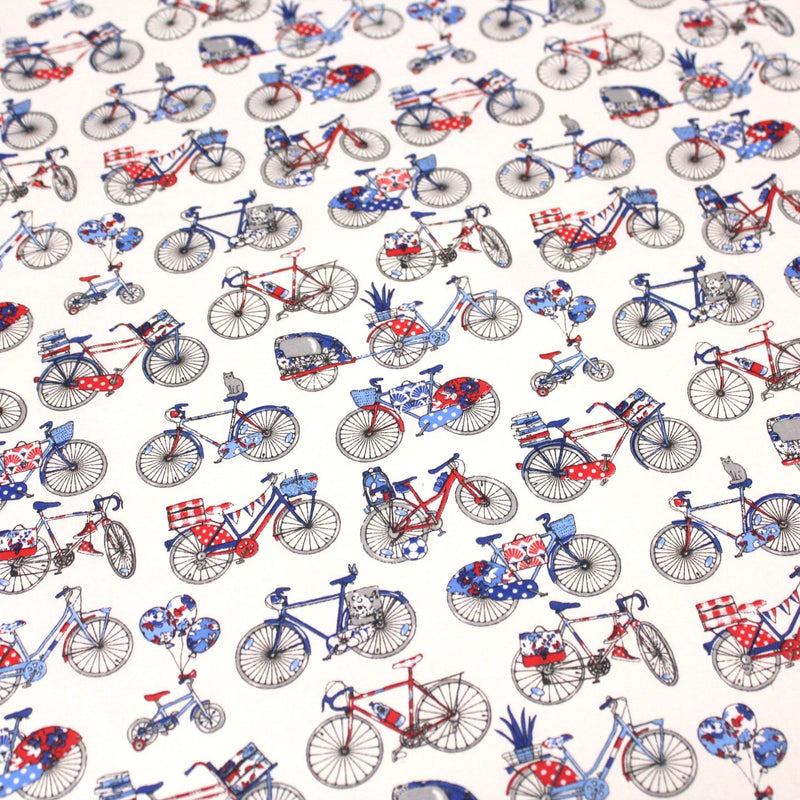 Tissu de coton aux petits vélos tricolores bleus blancs rouges, fond écru - Oeko - Tex - TissusPapi.com