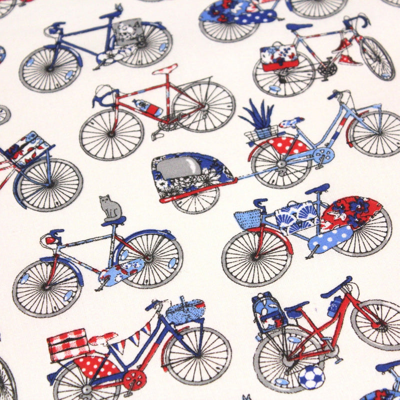 Tissu de coton aux petits vélos tricolores bleus blancs rouges, fond écru - Oeko - Tex - TissusPapi.com