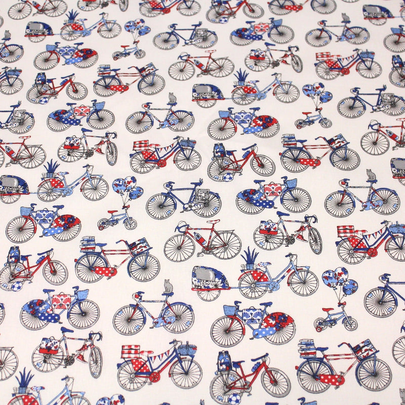 Tissu de coton aux petits vélos tricolores bleus blancs rouges, fond écru - Oeko - Tex - TissusPapi.com