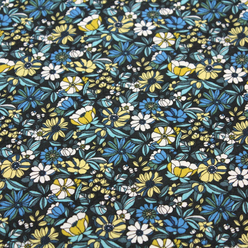 Tissu de coton LOUISE aux fleurs blanches, bleues & jaunes, fond bleu pétrole - Oeko-Tex - tissuspapi