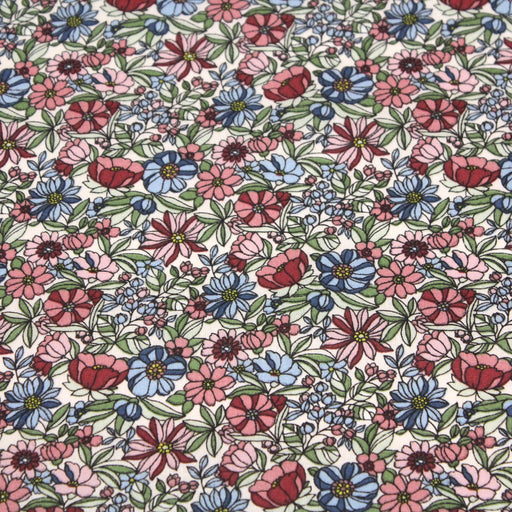 Tissu de coton LOUISE aux fleurs roses & bleues, fond blanc cassé - Oeko-Tex - tissuspapi