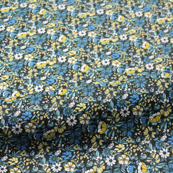 Tissu de coton LOUISE aux fleurs blanches, bleues & jaunes, fond bleu pétrole - Oeko-Tex