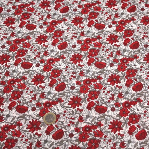 Tissu de coton LOUISE aux fleurs rouges & grises, fond blanc cassé - Oeko-Tex