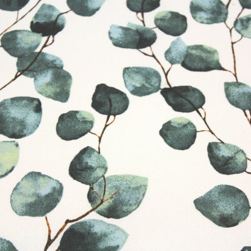 Tissu de coton demi-natté blanc aux feuilles d'eucalyptus vertes - Oeko-Tex - tissuspapi
