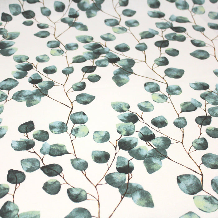 Tissu de coton demi-natté blanc aux feuilles d'eucalyptus vertes - Oeko-Tex