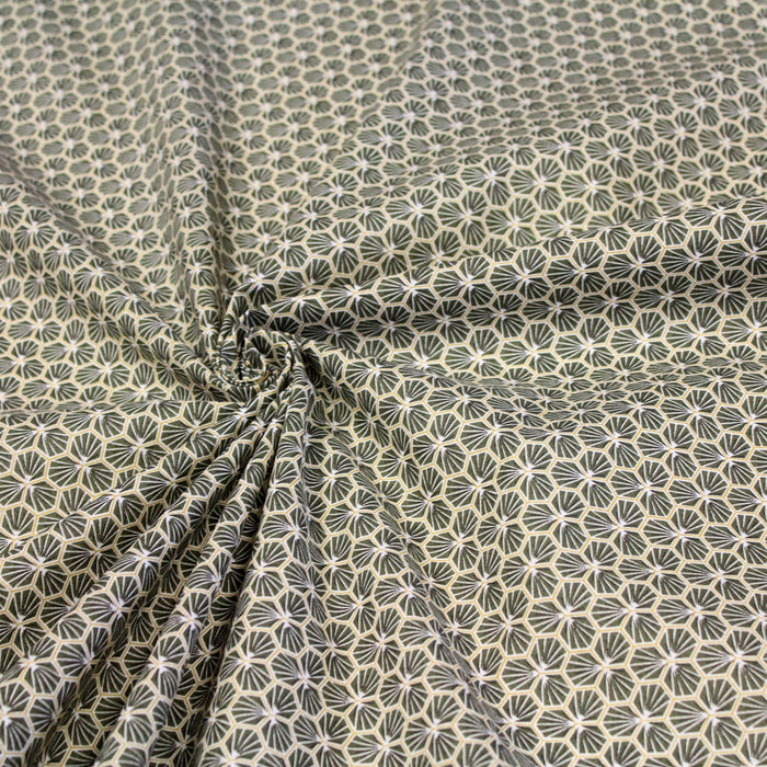 Tissu de coton motif traditionnel japonais géométrique KIKKO vert kaki - Oeko-Tex