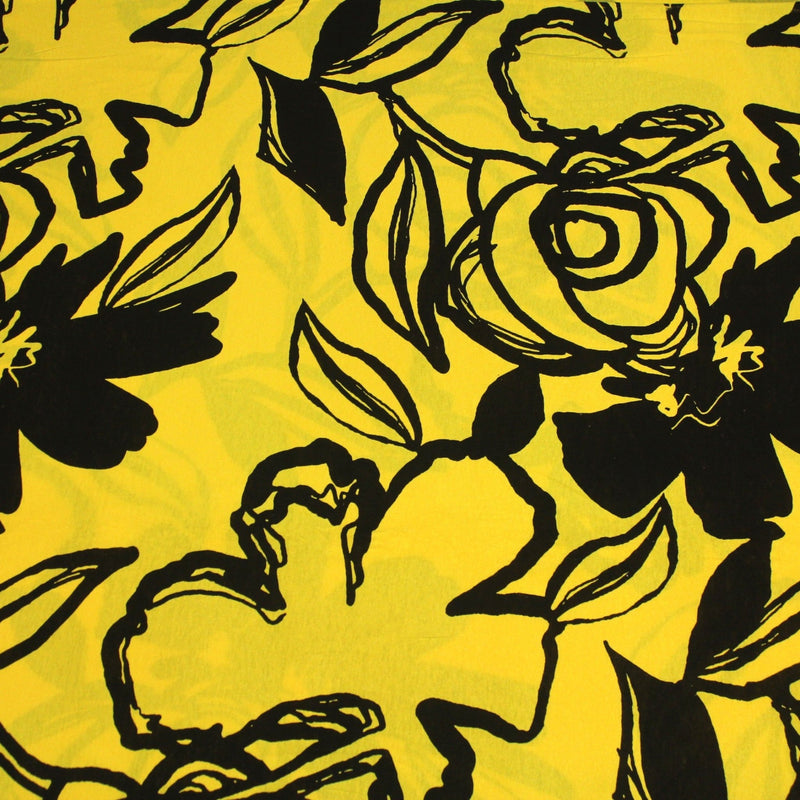 Tissu jersey de viscose jaune aux grandes fleurs noires - COLLECTION ETHNIQUE - TissusPapi.com