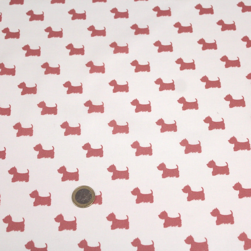 Tissu popeline de coton aux petits chiens vieux rose, fond blanc - TissusPapi.com