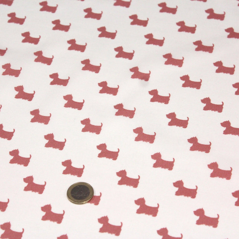 Tissu popeline de coton aux petits chiens vieux rose, fond blanc - TissusPapi.com