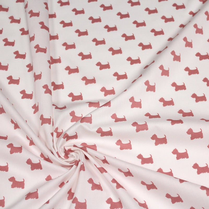 Tissu popeline de coton aux petits chiens vieux rose, fond blanc - TissusPapi.com
