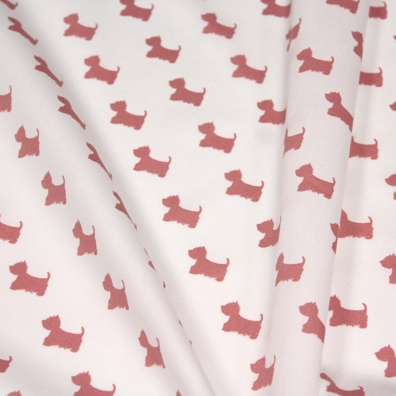 Tissu popeline de coton aux petits chiens vieux rose, fond blanc - TissusPapi.com