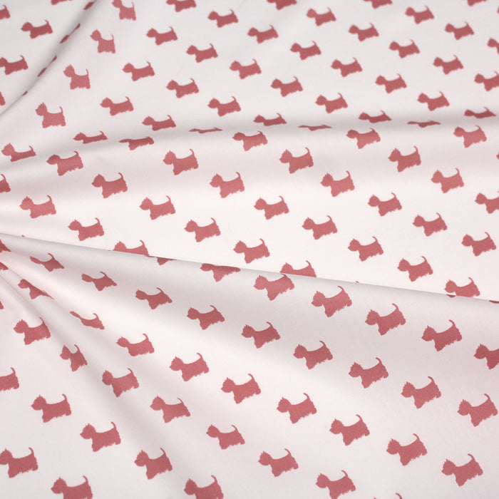 Tissu popeline de coton aux petits chiens vieux rose, fond blanc - Oeko-Tex