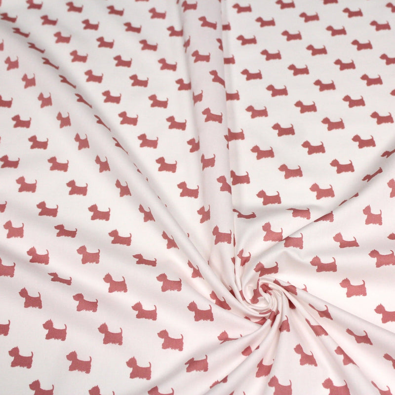 Tissu popeline de coton aux petits chiens vieux rose, fond blanc - TissusPapi.com