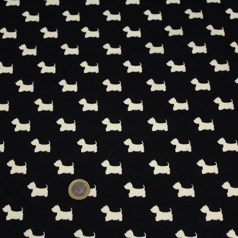 Tissu popeline de coton aux petits chiens blancs, fond noir - TissusPapi.com