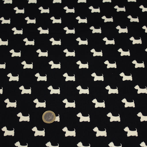 Tissu popeline de coton aux petits chiens blancs, fond noir - Oeko-Tex