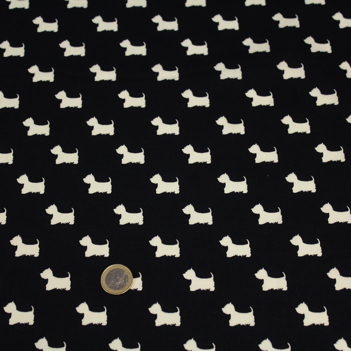 Tissu popeline de coton aux petits chiens blancs, fond noir - Oeko-Tex