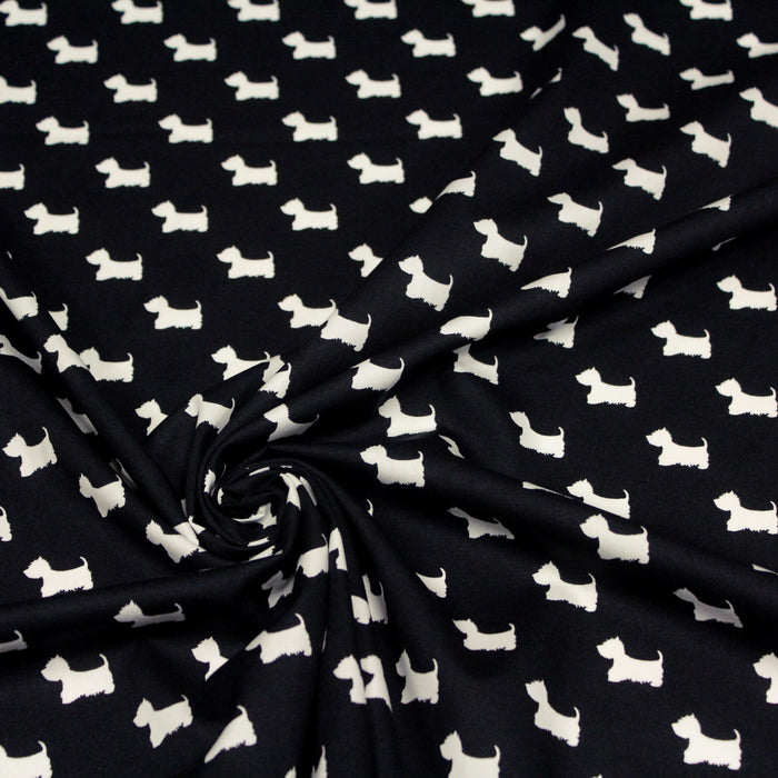Tissu popeline de coton aux petits chiens blancs, fond noir - Oeko-Tex