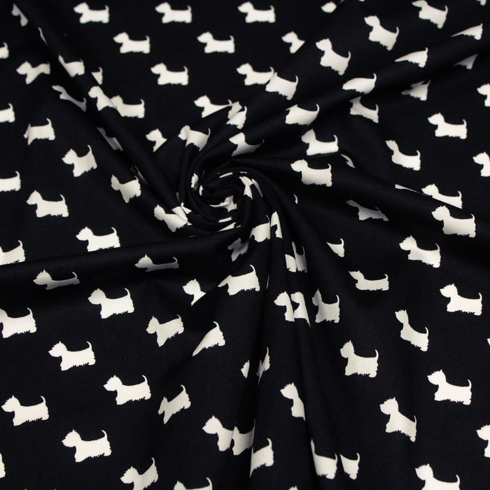 Tissu popeline de coton aux petits chiens blancs, fond noir - Oeko-Tex