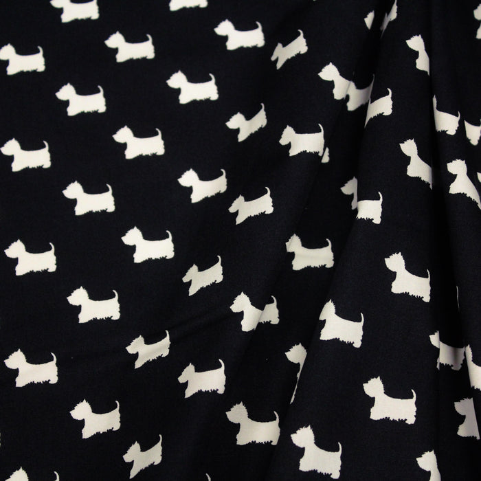 Tissu popeline de coton aux petits chiens blancs, fond noir - Oeko-Tex