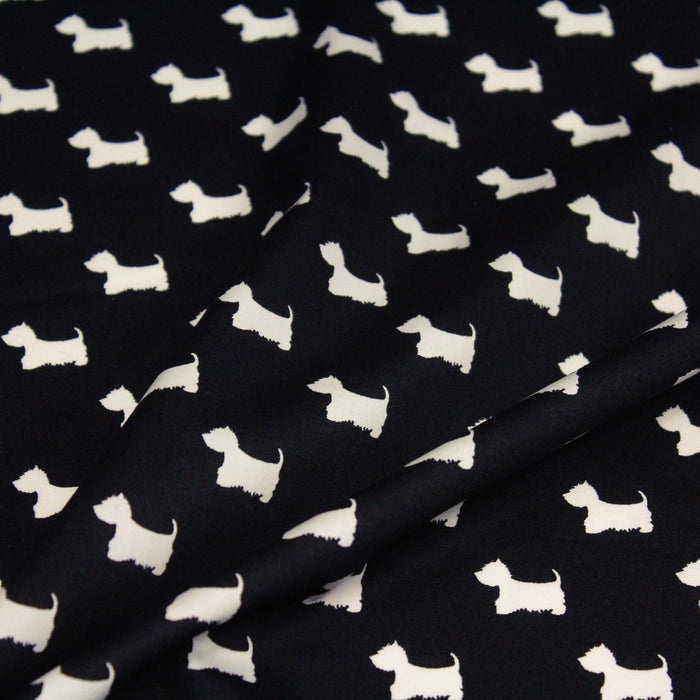 Tissu popeline de coton aux petits chiens blancs, fond noir - Oeko-Tex - tissuspapi