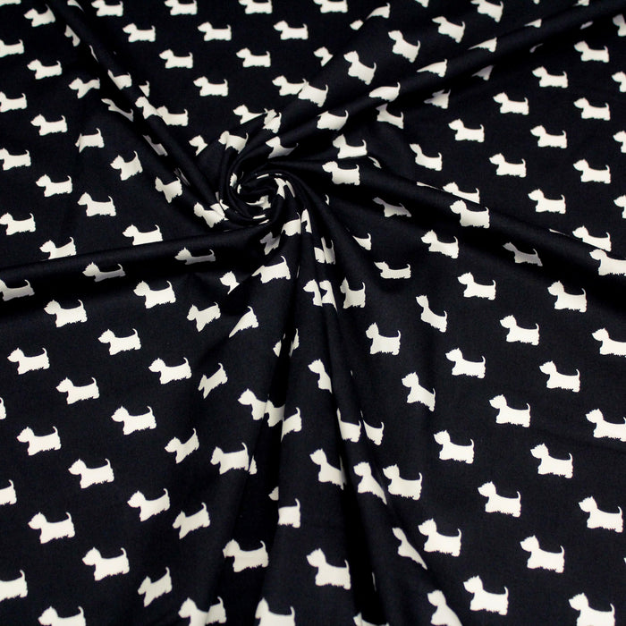 Tissu popeline de coton aux petits chiens blancs, fond noir - Oeko-Tex - tissuspapi
